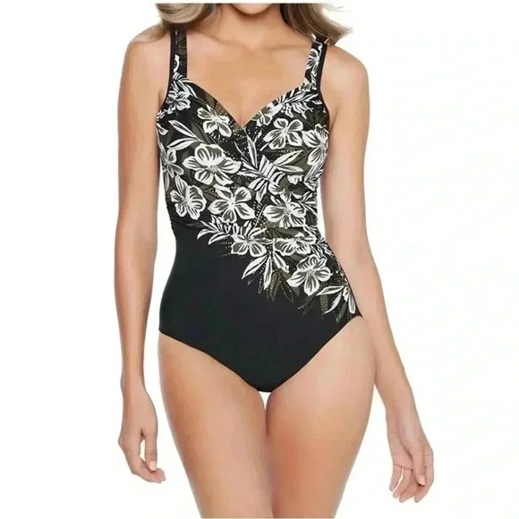 Miraclesuit Black and White Floral One Piece Swimsuit - Picture 1 of 11